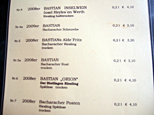 bastians2 Karte im Weingut Fritz Bastian, Bacharach